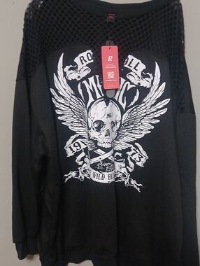 ROMWE Black Women's Skull Wing Graphic Mesh Yoke Sweatshirt